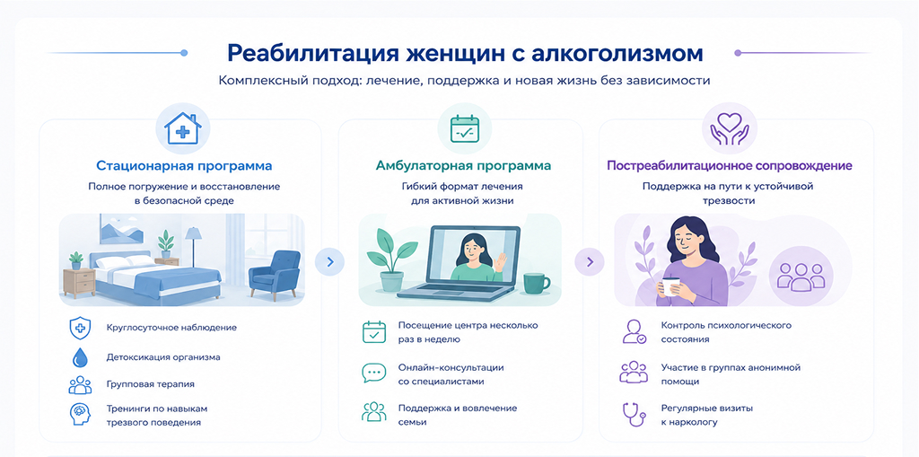 Этапы лечения и поддержки женщин на пути к жизни без алкогольной зависимости. Инфографика «Реабилитация женщин с алкоголизмом», описывающая комплексный подход