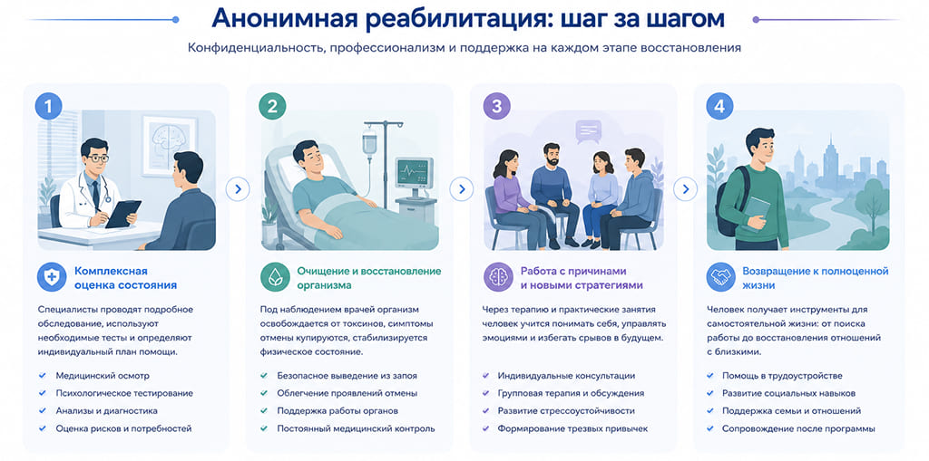 Инфографика «Как организована анонимная реабилитация», представляющая четыре этапа лечения